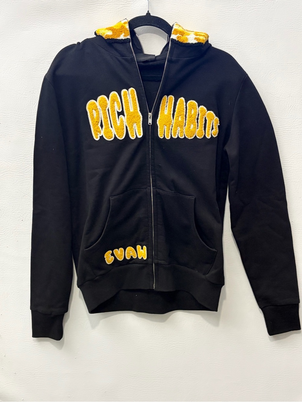 Evaw "Rich Habits" Black Ski Mask zip-up hoodie Yellow Lettering Small